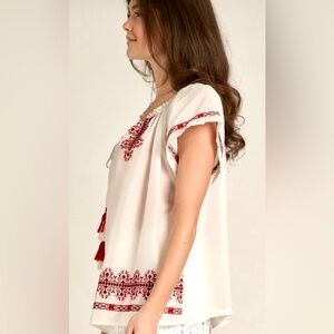 Abaja White & Red Embroidered Peasant Shirt Top